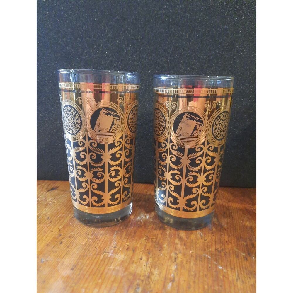 Libbey MCM Black/Gold Highbal Glasses Rock of Gibraltar Prudential 16oz Set Of 2